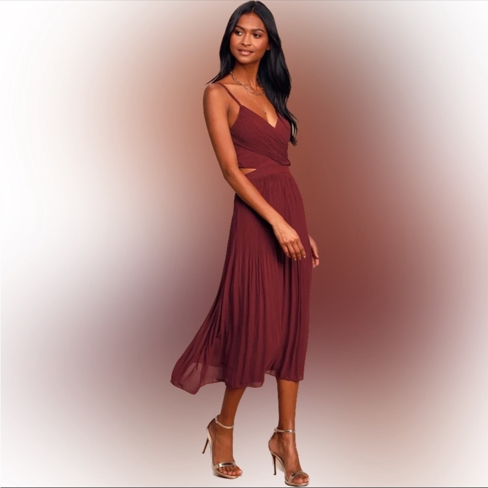 Lulus Burgundy “For the Gam” Pleated Cutout Midi Dress